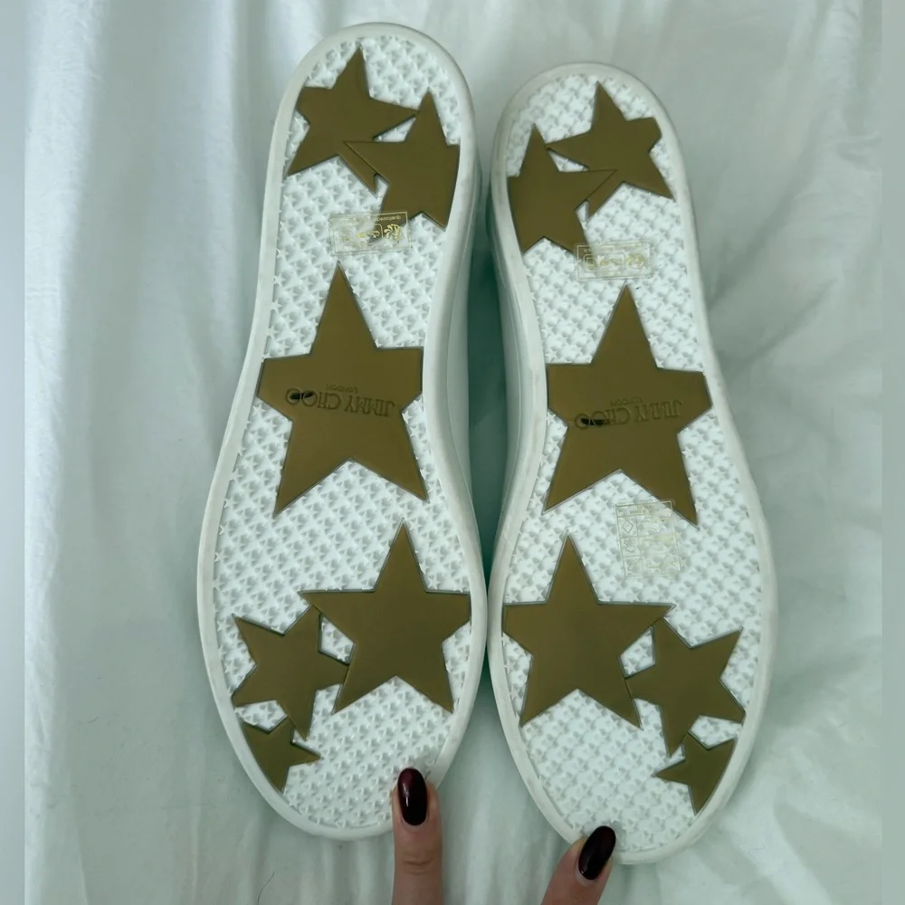 NEW Jimmy Choo White and Star Studded Gold Leather Sneakers 41.5 / 10 US